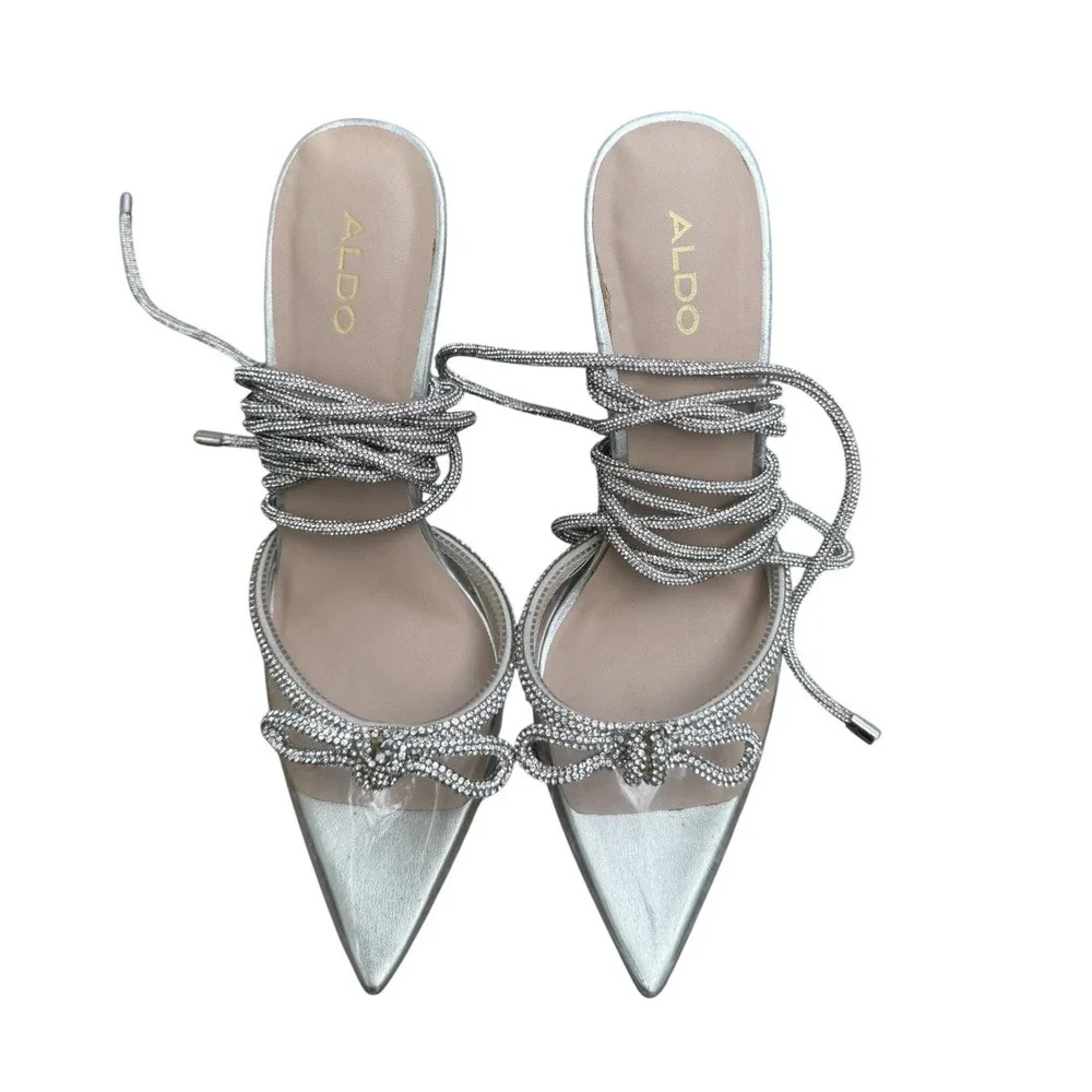 ALDO Silver Rhinestone Lace Up Heels 8 Pointed Toe PVC Bow Stiletto Pumps
